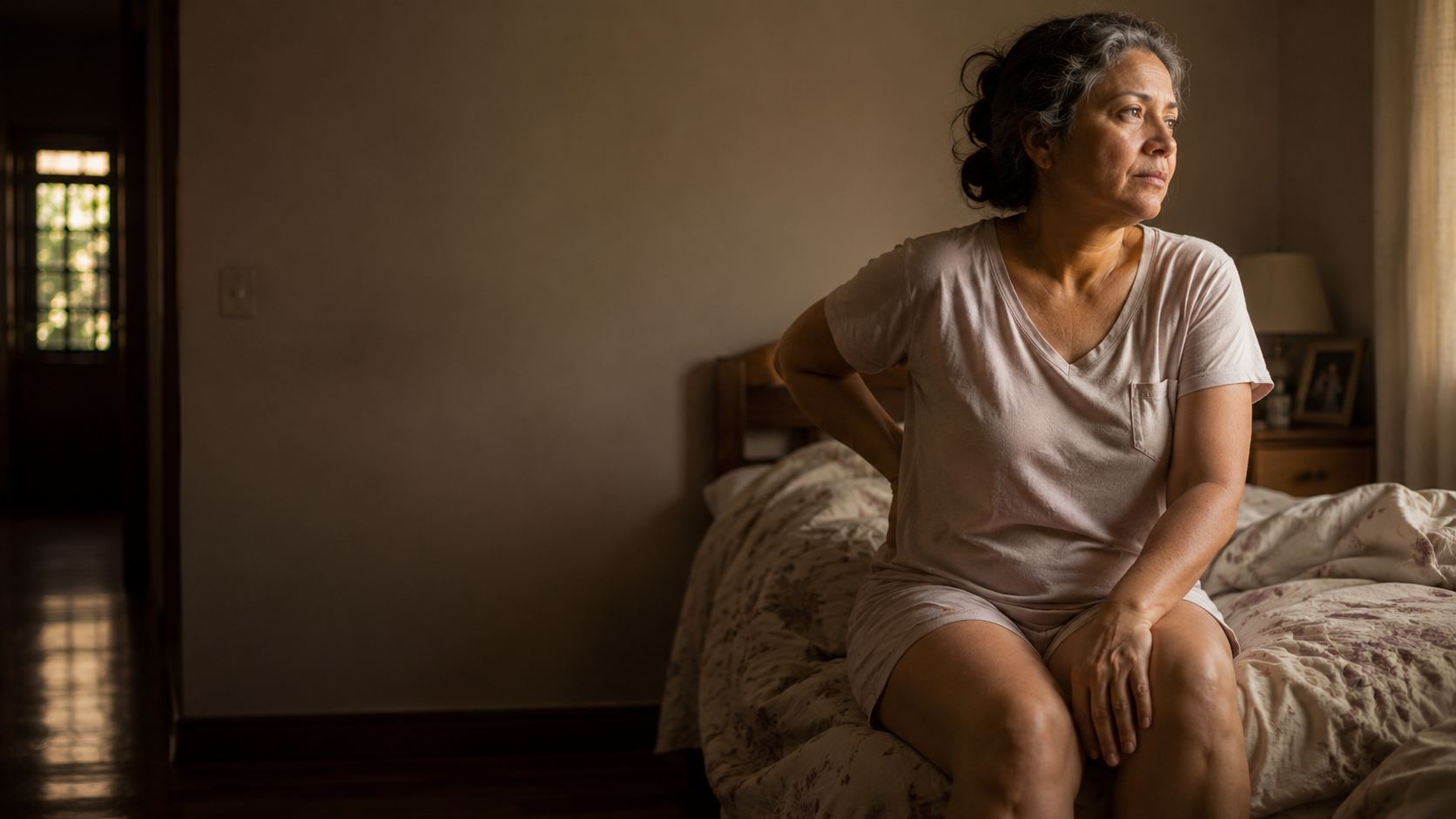 Mulher madura sentada na beira da cama em luz dourada da manhã, com a mão na lombar